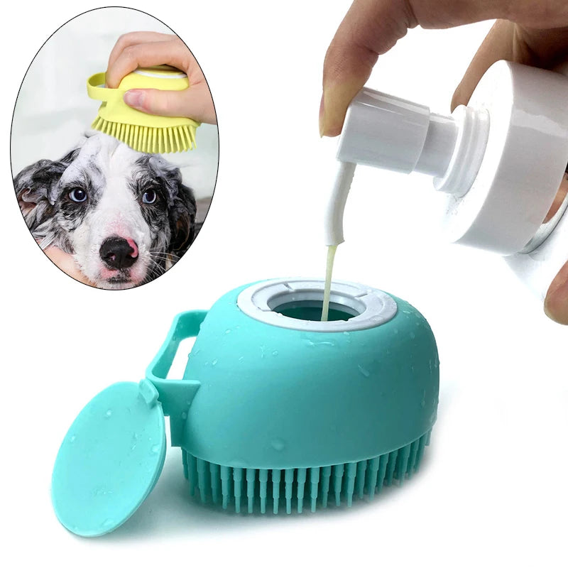 Silicone Pet Bath Brush with Soap Dispenser – Grooming for Dogs & Cats