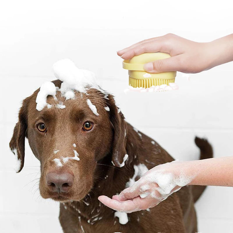 Silicone Pet Bath Brush with Soap Dispenser – Grooming for Dogs & Cats